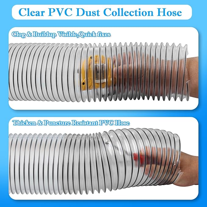 6" x 50' PVC Dust Collection Hose, 6 Inch Dust Collector Hose for Shop Vacuum,Woodworking Dust Collection Systems,Puncture Resistant Flexible Clear PVC Fume Debris Dust Hose Tube w/Carbon Steel Wire