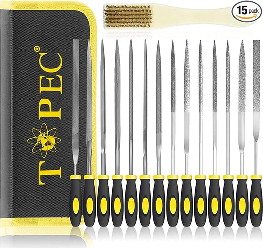 Topec Small File Set, Needle Diamond Files 15PCS, 7pcs Jewlers Files & 7pcs Steel Files with Metal Brush and Storage Bag，for Precision Metal File Work, Wood, Jewelry, Plastic, DIY Carving Tool Kit