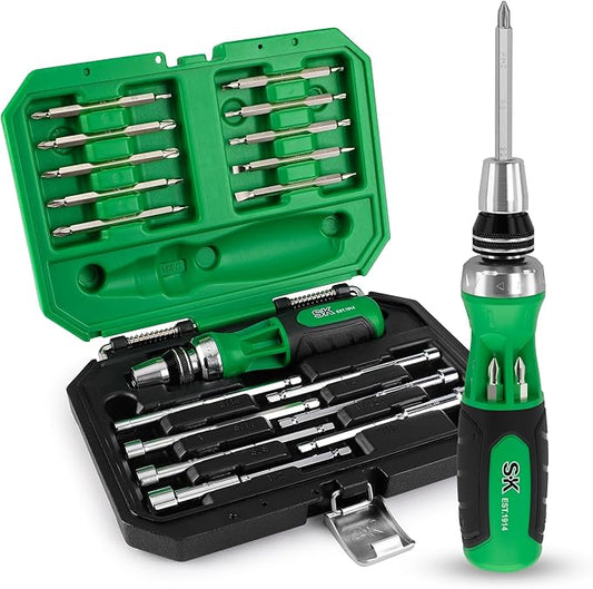 SK 22-in-1 Ratcheting Screwdriver with Nut Drivers, 216-P Multi-bit Screwdriver, Phillips, Slotted, Star, Square Bits Stored in Handle, Organized in Storage Toolbox