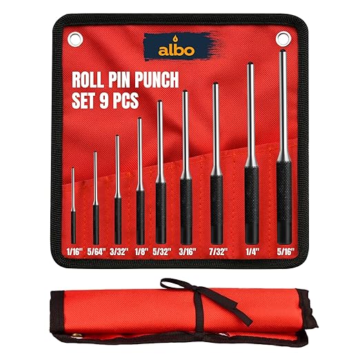 9-Piece Roll Pin Punch Set, 1/16??/16 in Chrome Vanadium Steel, Gunsmith Punch Kit for Firearm, Small Machinery, Knurled Handles, Roll Up Storage Pouch, Precision Gunsmithing Tools