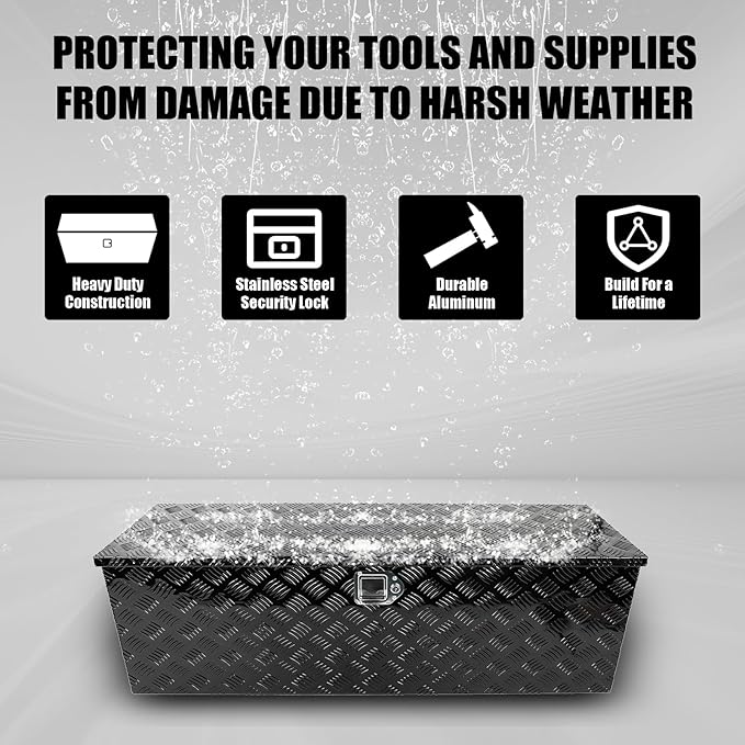 confote 48" Heavy Duty Aluminum Stripes Plated Tool Box Pick Up Truck Bed RV Trailer Toolbox Waterproof Square Storage Organizer with Side Handle, Lock with Keys -48"x 15"x 15"竊똁lack