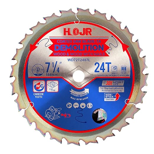 Demolition Circular Saw Blade Woodworking TA Series, 7-1/4" 24 Tooth 5/8" Arbor, Demolition/Frame, Special Anti-Thermal Adhesion Coating on Cutting Head -TA, DEM 7-1/4" 24T-TA
