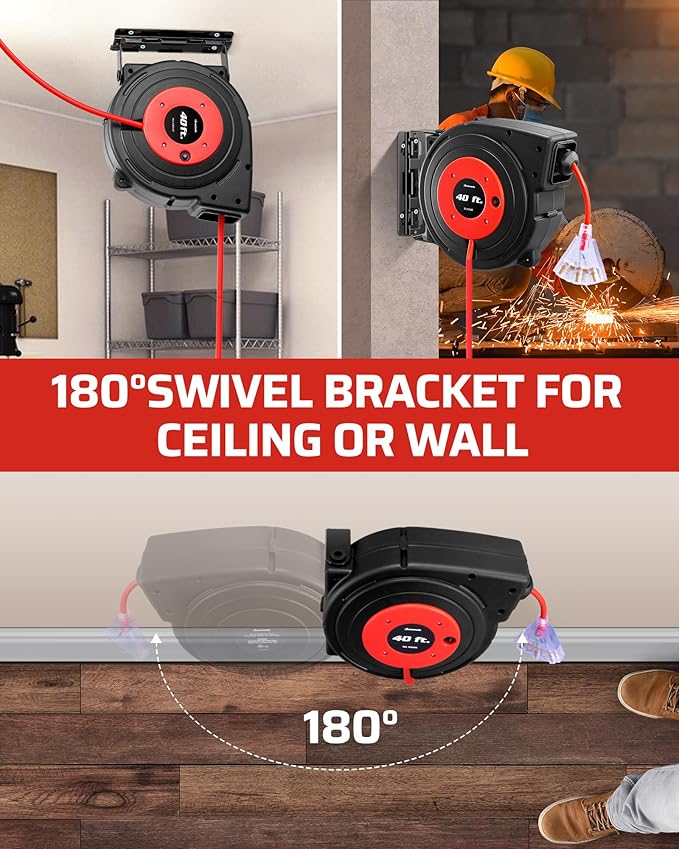 DEWENWILS Retractable Extension Cord Reel, 40 FT Heavy Duty Power Cord, 12/3C SJTOW Retractable Cord Reel, Lighted Triple Tap Outlets, 15A Circuit Breaker, Wall/Ceiling Mount, UL Listed, Red