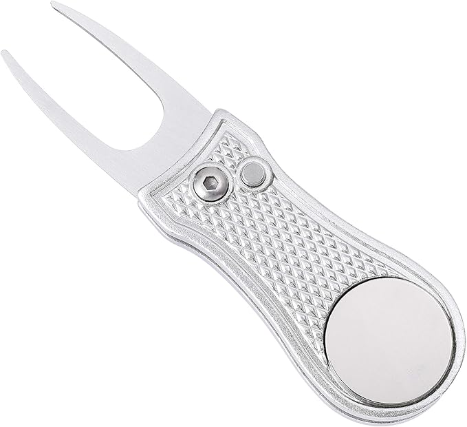 Mile High Life Golf Divot Repair Tool, All Metal Foldable Divot Tool with Pop-up Button & Magnetic Ball Marker