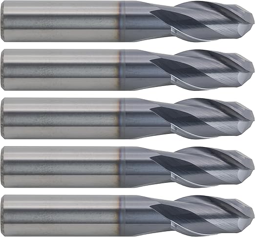 CME 5 pcs Micrograin Carbide End Mills, Ball Nose, TiAlN Coated, 1/2" Mill Diameter, 1" Length of Cut, 3" Overall Length, 2 Flute, Center Cutting