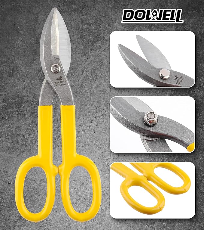 DOWELL 10??Tin Snips Metal Cutters with Flat Blade, with Comfortable Yellow Rubber Handle for DIY Handyman,Roofers, Mechanics, Homeowners