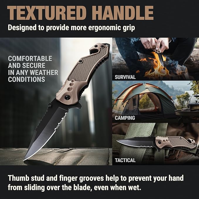 GOOD WORKER Legal Pocket Knife with 2.95??Serrated Blade, Glass Breaker, Seat Belt Cutter - EDC Sharp Folding Knives with Portable Clip - Small Tool for Tactical Camping Survival Hiking - Gifts for Men, Women