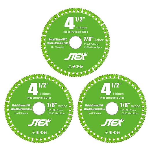 JTEX Indestructible Disc 4-1/2 Inch for Angle Grinder, 7/8" Arbor, Multi-Material Diamond Blade Cutting for Metal, Rebar, Tile, Stone, PVC Pipes (3-Pack)