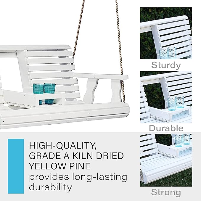 Porchgate Amish Heavy Duty 800 Lb Rollback Console Treated Porch Swing with Hanging Ropes (Semi-Solid White Stain)