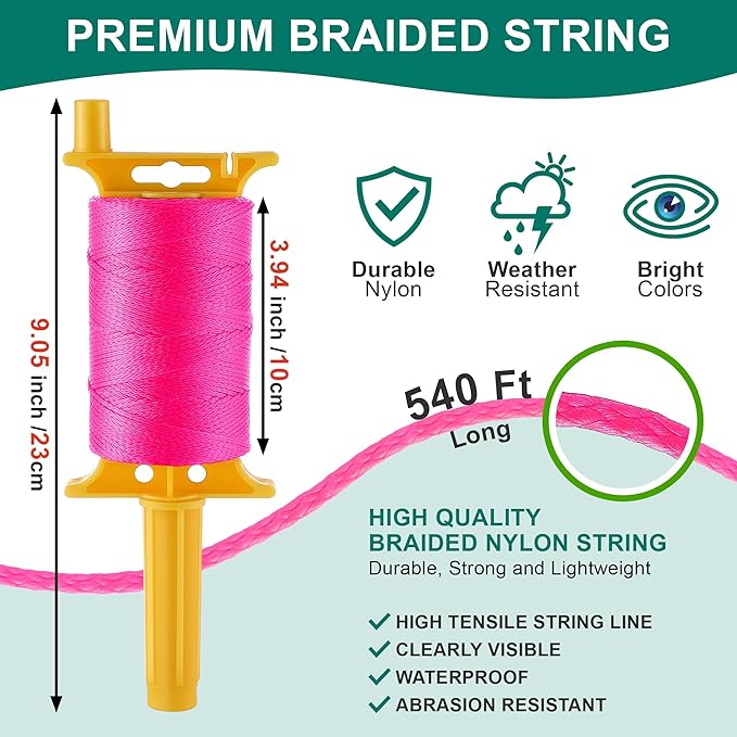 2 Pack Mason String Line Reel for Construction, Twisted 540 FT #18 Braided Nylon String with 10 Mason Line Level, High Visibility Braided Nylon Twine for Masonry Tools, Gardening, DIY(Pink)