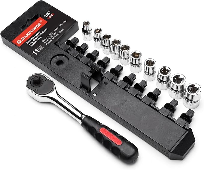 MAXPOWER 11-Piece 1/4" Ratcheting Socket Wrench Set Quick Release Reversible Ratchet Handle and Swappable Spanners Inch Imperial Sockets with Hanging Rack