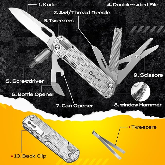 BIBURY Multitool Pocket Knife BI2056, Stainless Steel Multi Tool Knife with Clip, Folding Multitool EDC Knife with Magnetic Locking,Screwdriver,Large Scissors,Glass Breaker for Survival Camping Hiking