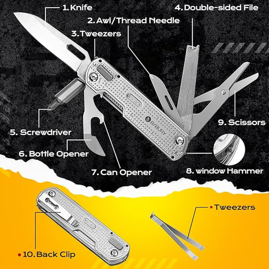 BIBURY Multitool Pocket Knife BI2056, Stainless Steel Multi Tool Knife with Clip, Folding Multitool EDC Knife with Magnetic Locking,Screwdriver,Large Scissors,Glass Breaker for Survival Camping Hiking