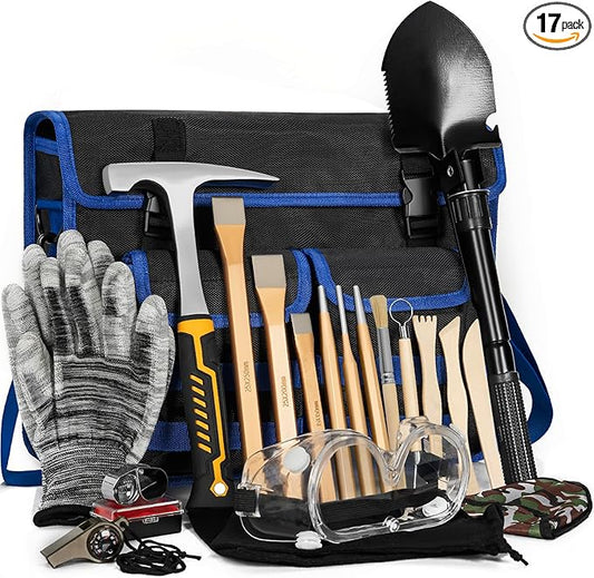 17PCS Geology Rock Pick Hammer Kit, Gold Mining & Prospecting Equipment Tool, including 32oz Hammer & 3 PCS Digging Chisels Set, Shovel, Wooden Chisel, magnifying glass, Whistle, goggles