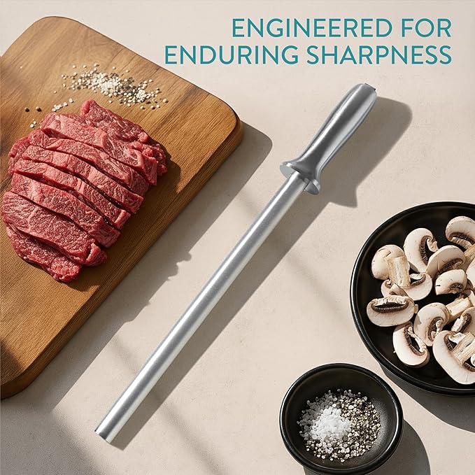 Navaris Diamond Knife Sharpener Steel - Chef Knife Sharpeners with Ergonomic Silver Handle - Honing Rod for Chef's Knives, Paring Knives, Carving Knives, Japanese Kitchen Knives