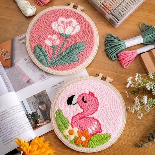 Woohome Punch Needle Kit Included Plastic Hoops, Punch Needle Cloth, Color Yarn and Punch Needle Tools for Adults, Beginners (Whales, Flowers, Bird)