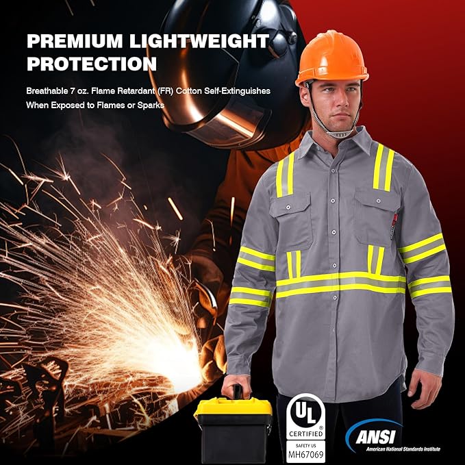 SKSAFETY 7oz FR Shirts for Men, Welding Shirt Hi Vis Flame Resistant 100% Cotton Fire Retardant Longsleeve Shirt CAT2