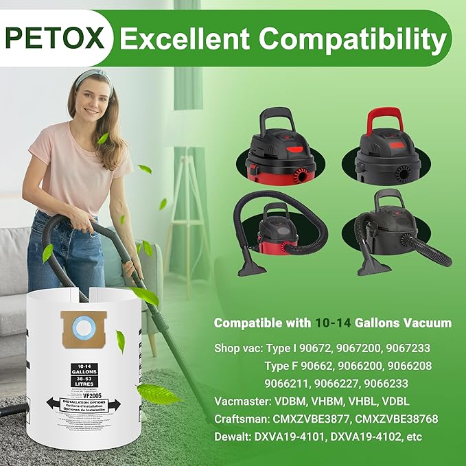 10 Pack Vacuum Bags Replacement for Shop Vac Bags 10-14 Gallon Type F 90662 9066200 9066233 and Type I 90672 9067200 9067233, PETOX High-Efficiency Disposable Vaccum Collection Filter Bags