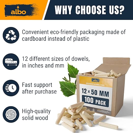 ALBO Wooden Dowel Pins 12mm x 50mm Fluted Wood Dowels Rods 100 Pack Hardwood Crafts Dowel Pegs