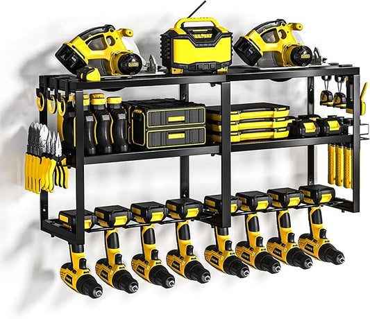 Power Tool Organizer Wall Mount, Heavy Duty Cordless Tool Organizer 8 Drill Holder, 3 Layer Garage Organization for Storage Rack, Suitable Tool Rack for Tool Room, Workshop, and Storage (Black)