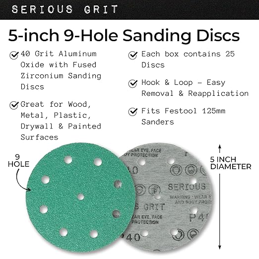 Serious Grit - 5-Inch 9-Hole 40 Grit Sanding Discs - Heavy-Duty Hook & Loop Film Discs - Sandpaper for Random Orbital Sanders - 25 Pack Box