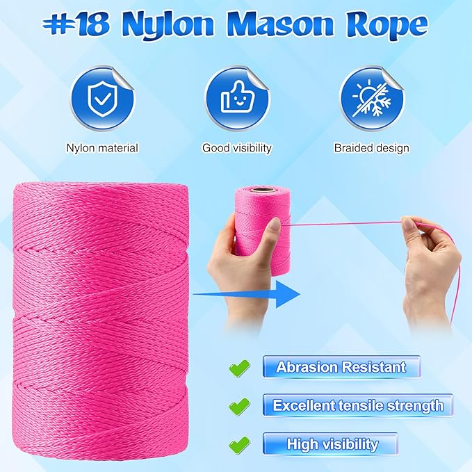 2 Pack #18 500 ft Mason Line String & 10 Pack Built-in Levels, String Level Line Kit for DIY, Gardening Work, Construction Twine Outdoor Projects Layout Brick Working(Fluorescent Pink)