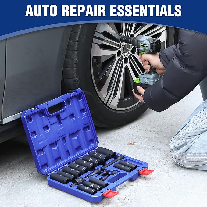 WORKPRO 20-Piece 1/2竊?Drive Deep Impact Socket Set, 6-Point, Cr-V Steel, 10-27mm, Universal Joint, Adapter and Extension Bar, SAE
