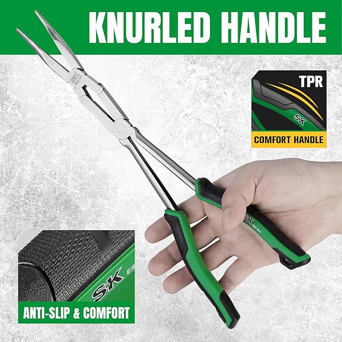 SK 2-Piece Double Compound Long Reach Pliers Set, 13-Inch Straight Long Nose Pliers, 45째 Bent Nose, with Comfort Grips, Premium CR-V Steel Construction