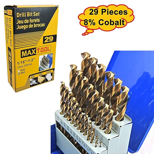 MaxTool Twist Drill Bit Set 29PCs 8% Cobalt HSS M42 Jobber Length Fully Ground for Hardened Steel Metal Cast Iron etc 1/16??to 1/2?? JBS42G10R029P