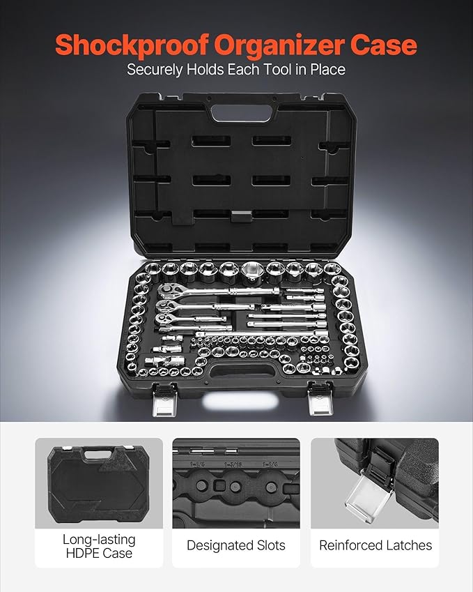 86-Piece Socket & Ratchet Set,1/2", 3/8",1/4", SAE and Metric,CR-V Alloy Steel with High Torque Ratchet and Storage Case,Mechanic Tool Kit for Auto Repair & DIY