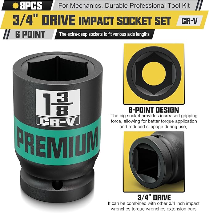 8pcs 3/4" Drive Impact Socket Set, SAE Axle Nut Sockets, 1" to 1-1/2" Thicker Jumbo Sockets, Socket Set, 6 Point, Cr-V, for Mechanics, Durable Professional Tool Kit