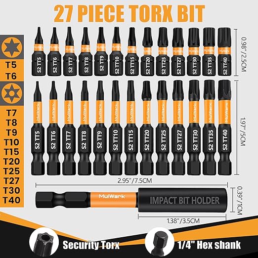 MulWark Torx Security Bit Set, 27 Pieces (T5?밫T40) ??Precision Tamper-Proof Star Bits with Smooth Edges, 1/4" Hex Shank, and Magnetic Holder ??Christmas Gift for DIY & Repair Projects
