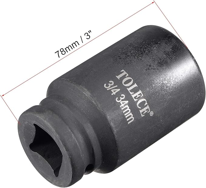 uxcell 3/4-Inch Drive 34mm 12-Point Deep Impact Socket, CR-MO Steel 78mm Length, Metric Sizes