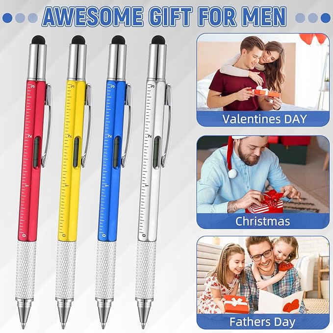 Yeaqee 24 Pcs Stocking Stuffers Bulk for Men 6 in 1 Screwdriver Multi Tool Pens with Refills Ruler Level Gauge for Party Favor Father's Christmas White Elephant Gifts (Classic Color)