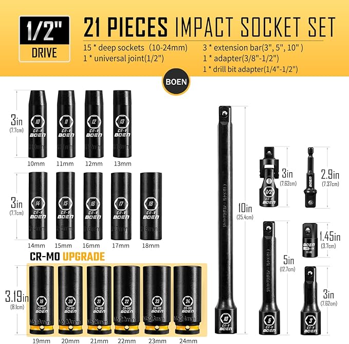 BOEN Pro 1/2" Drive Metric Deep Impact Socket Set, 21-Piece CR-MO &CR-V Steel, Upgraded Torque & Durability, 10mm-24mm, Includes Extension Bars, Universal Joint, Adapter ??Meets ANSI
