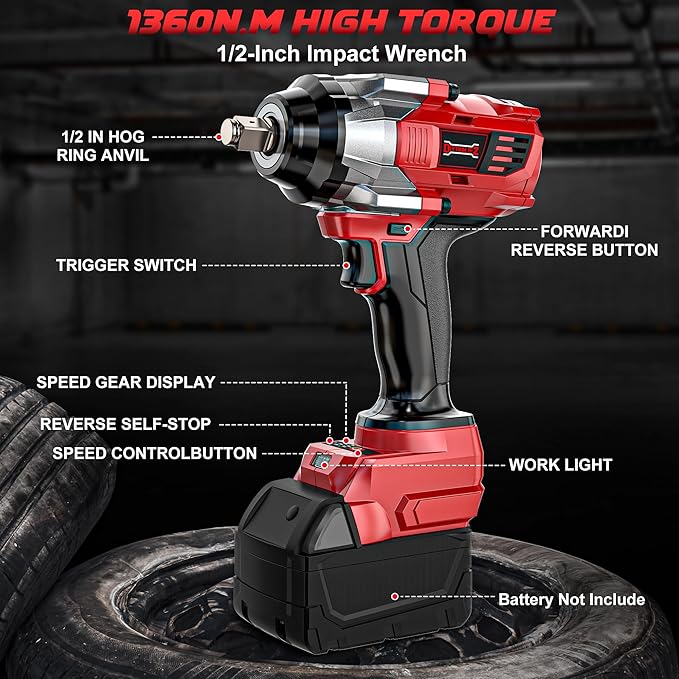 Cordless Impact Wrench 1/2" Compatible with Milwaukee 18V Battery, 1000Ft-lbs(1360N.m) High Torque Impact Driver, Electric Impact Gun with 4-Mode Speed, LED Work Light for Car(Bare Tool)