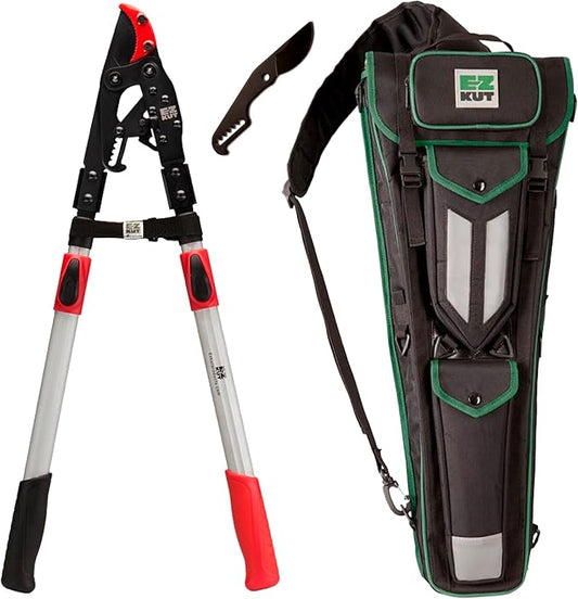 EZ Kut Tree Trimming Combo Kit ??Includes 42" Extendable Ratcheting Lopper + Sling Pak Sheath + Bonus Replacement Blade ??Heavy Duty Garden Tools Set, Pruning Shears for Thick Branches (Green Pack)