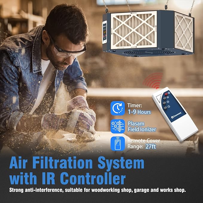 360째 Woodshop Air Filtration System Woodworking - 1050/1350 CFM, Built-in Ionizer, with Strong Vortex Fan, Shop Air Filtration for Garage, Works Shop, Dust Collectors System, KMF12D, Blue
