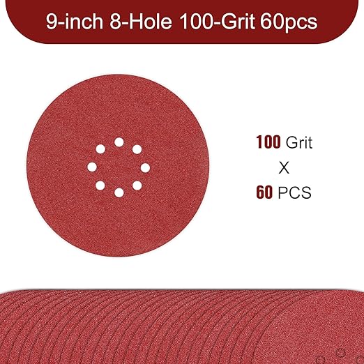 9 inch Sanding Discs 100 Grit 8 Holes Hook and Loop Sandpaper for Drywall Sander 60Pack