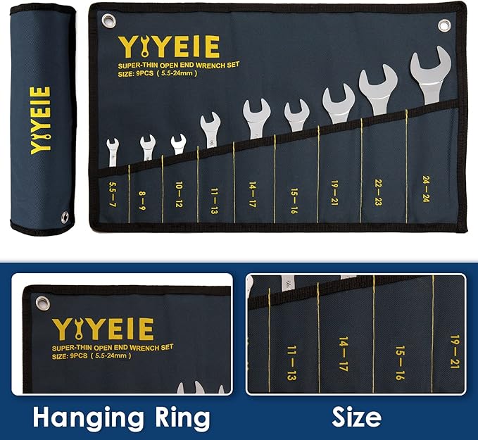 YIYEIE 9Pc. Super-Thin Open End Wrench Set, Metric 5.5, 7, 8, 9, 10, 11, 12, 13, 14, 15, 16, 17, 19, 21, 22, 23, 24, 27 mm, CR-V Steel, Ultra-Slim Flat Wrench Set with Roll-up Pouch