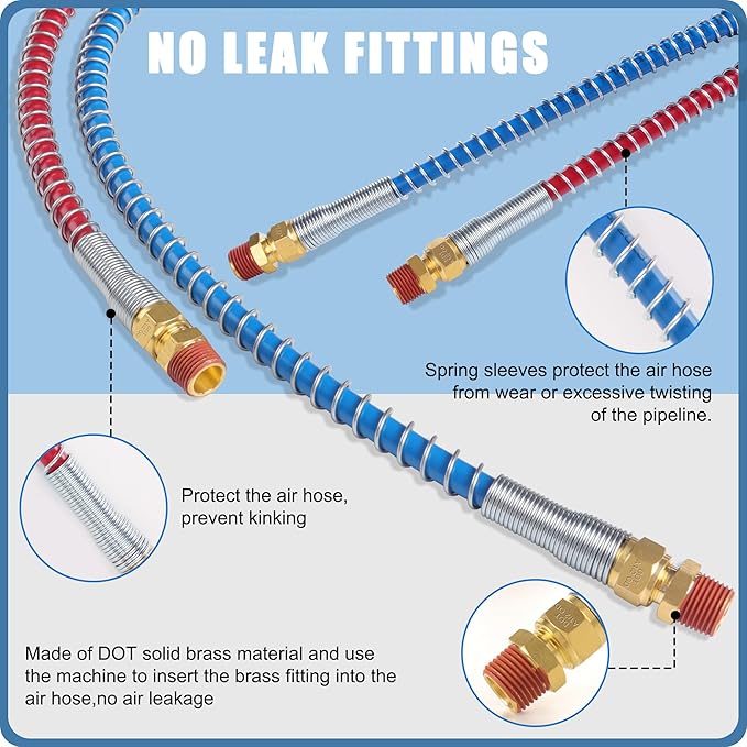 Semi Truck Air Brake Line Hose Coil Assembly Coiled Set Airline Kit Blue Red Pigtail Air Hose for Tractor Trailer,1/2" NPT DOT Fittings (15' Length x 40" Tractor Lead)