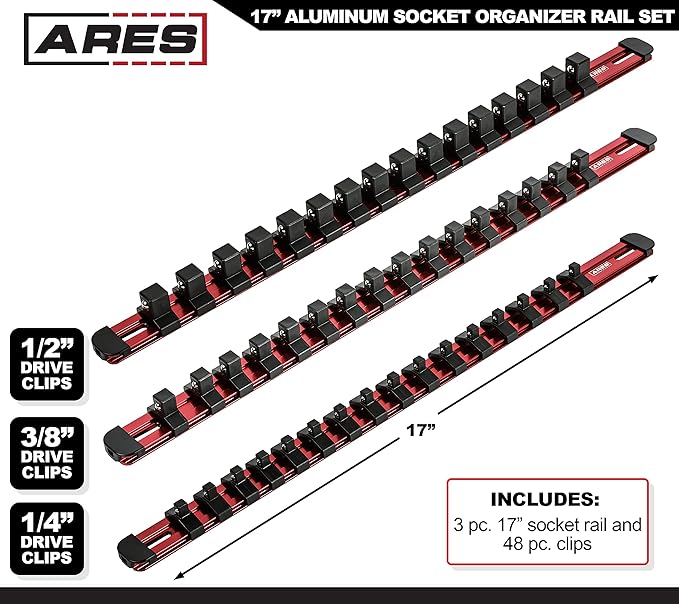 ARES 60124-3-Piece Red 17-Inch Aluminum Socket Rail Set with Locking End Caps - Includes 1/4-Inch, 3/8-Inch, and 1/2-Inch Drive Rails - Each Aluminum Rail Stores up to 16 Sockets