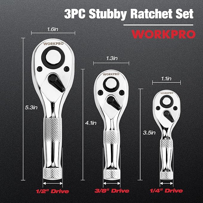 WORKPRO 3-Piece Stubby Ratchet Set, Quick Release Reversible, 1/4", 3/8", 1/2" Drive Mini Ratchet Handles, Chrome Alloy Made, CR-MO Head, 72-Tooth, Full Polished