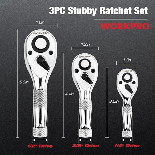 WORKPRO 3-Piece Stubby Ratchet Set, Quick Release Reversible, 1/4", 3/8", 1/2" Drive Mini Ratchet Handles, Chrome Alloy Made, CR-MO Head, 72-Tooth, Full Polished