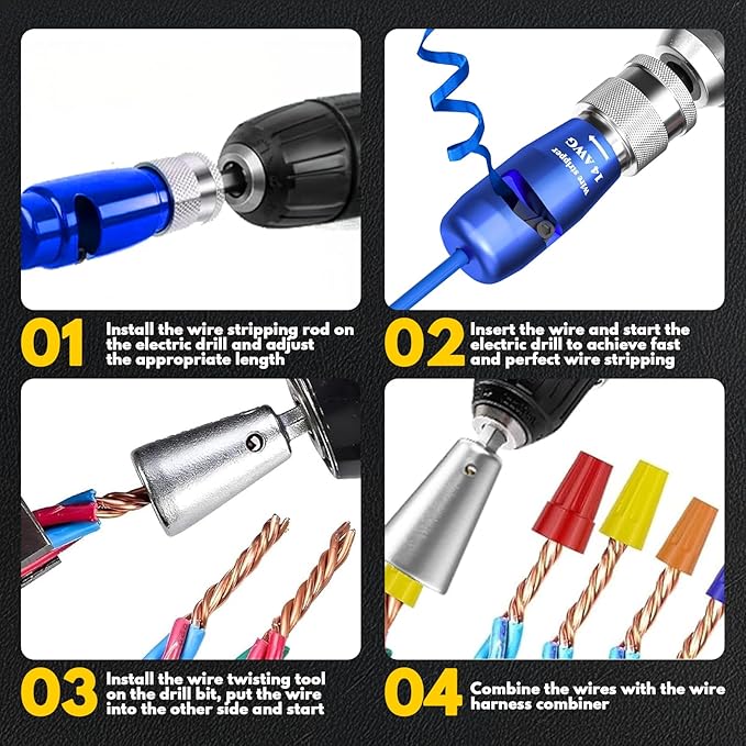 Wire Stripper Twister Tool for Drill, 2025 Upgraded US Regulations Impact Wire Stripping Tool & Wire Twisting Connector for Drill 6-14 AWG, 9 in 1 Professional Electrician Tools Gift Set