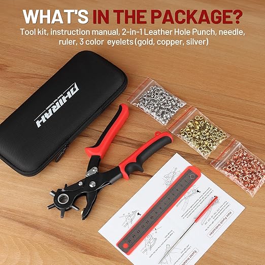 2 in 1 Leather Hole Punch, 3/16" 4.5mm Revolving Hole Puncher with Eyelet Tool Kit and Metal Eyelets for Leather, Belts, Watch Bands, Fabric, Plastic, DIY Handmade Production