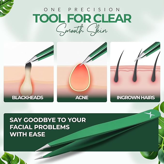 Pointer Stainless Steel Tweezers Women & Men Precision Eyebrow Tweezers for Facial Hair, Fine Tip Strong Grip Professional Tweezer for Shaping, Ingrown Hair & Splinter Removal (Matte Forest Green)