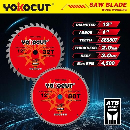 12 Inch Mitre Saw Blades, 32T for General Purpose & 80T for Ultra-Fine Finish Wood Cutting, Carbide-Tipped Professional Table Saw Blade with 1-Inch Arbor - 2 Pack