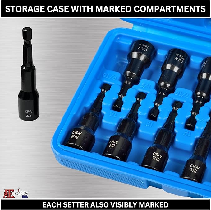 ATE Pro. Tools - 12 Piece Magnetic Nut Driver Set, SAE & Metric, 1/4" Hex Shank, Quick-Change, Premium Impact Power Hex Nut Driver Drill Bit Master Kit, SAE 1/4" to 9/16", Metric 8-14mm, Cr-V Steel
