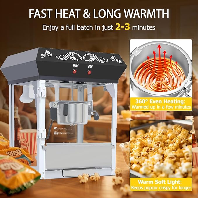 8 Oz Popcorn Machine Cart, 650 W, Popcorn Maker Machine with Stainless-Steel Kettle, Movie Theater Popcorn Machine with Steel Frame Tempered Glass Doors & Heated Warming Deck, Black